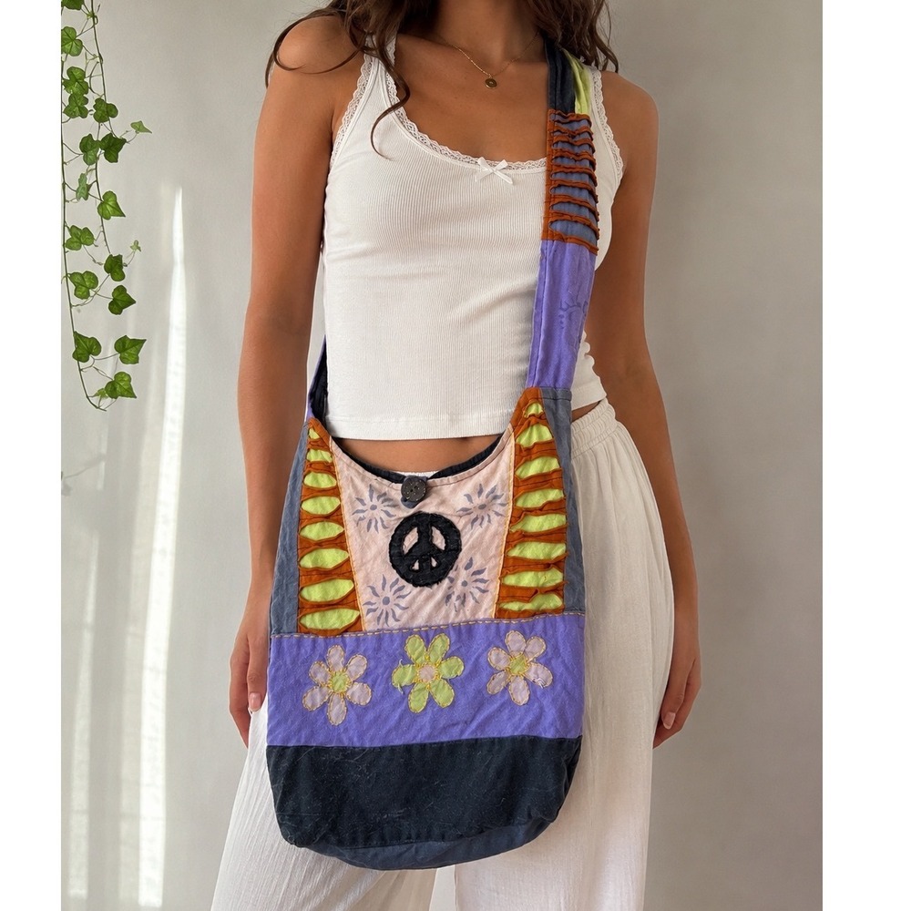Boho Patchwork Peace Sign Hobo Bag Purple Cotton Crossbody Festival Vtg fairy